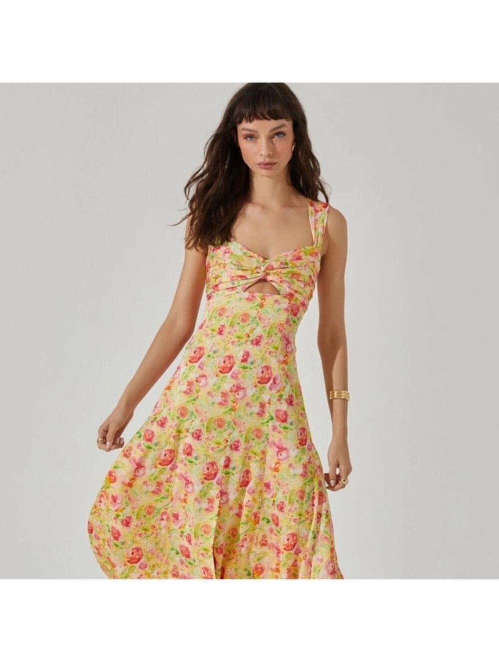 Astr Floral Tie-Front Midi Dress in Yellow & Pink